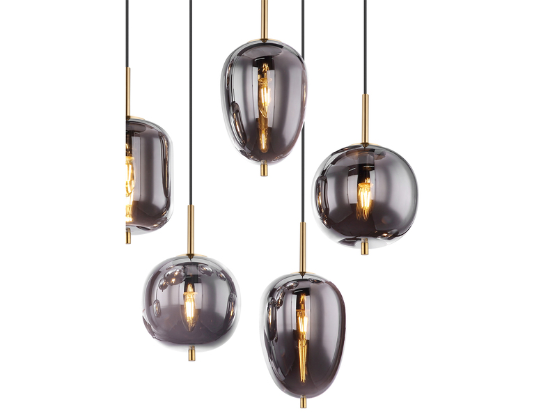 Pendelleuchte BLACKY mit 8 Rauchglaskugeln, Metall Messing
