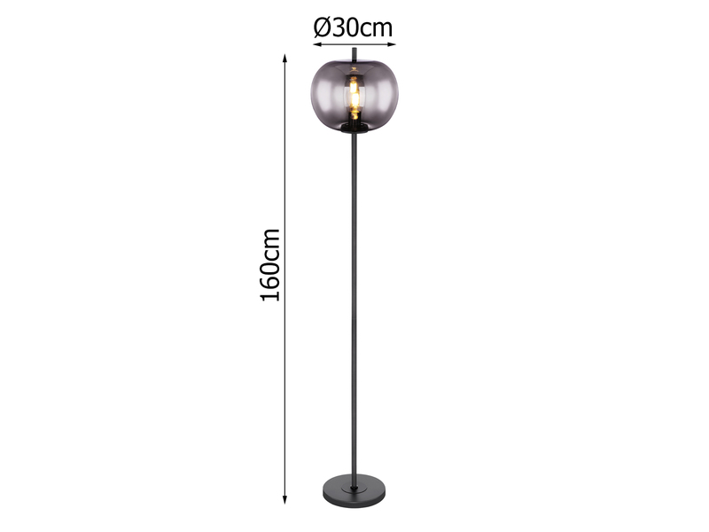 Stehlampe BLACKY mit Rauchglas Lampenschirm, Metall Schwarz, Höhe: 160cm