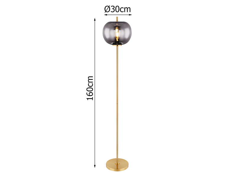 Stehlampe BLACKY mit Rauchglas Lampenschirm Ø 30cm, Metall Messing