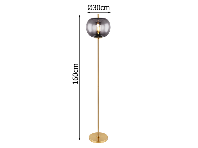 Stehlampe BLACKY mit Rauchglas Lampenschirm, Metall Messing, Höhe: 160cm