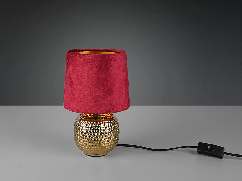 LED Tischleuchte mit Keramikfuß & Samtschirm Rot - Gold, Höhe 26cm