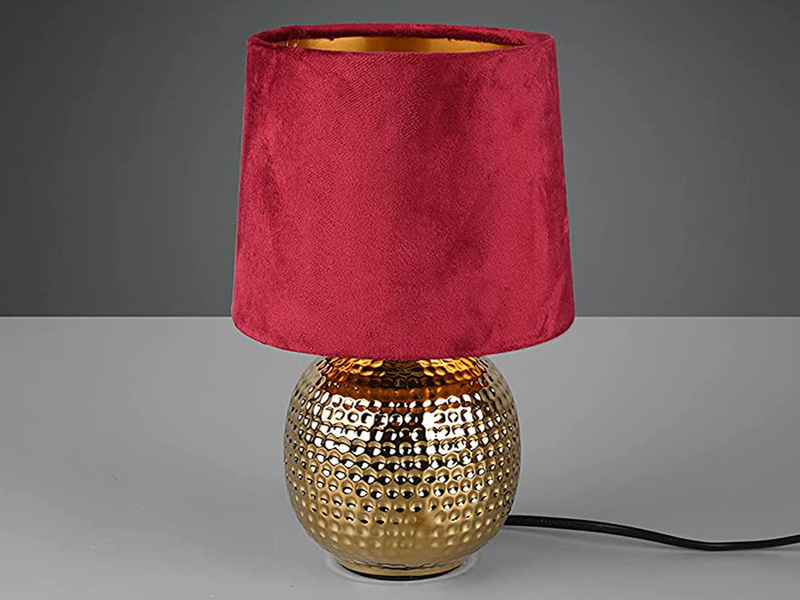 LED Tischleuchte Rot/Gold Keramikfuß & Samtschirm - Ø16cm, 26cm hoch