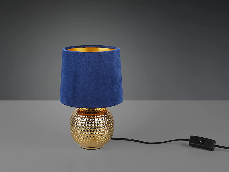 LED Tischleuchte Blau/Gold Keramikfuß Samtschirm - Ø16cm, H.26cm