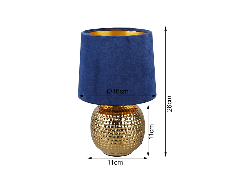 LED Tischleuchte mit Keramikfuß Gold & Samtschirm in Blau