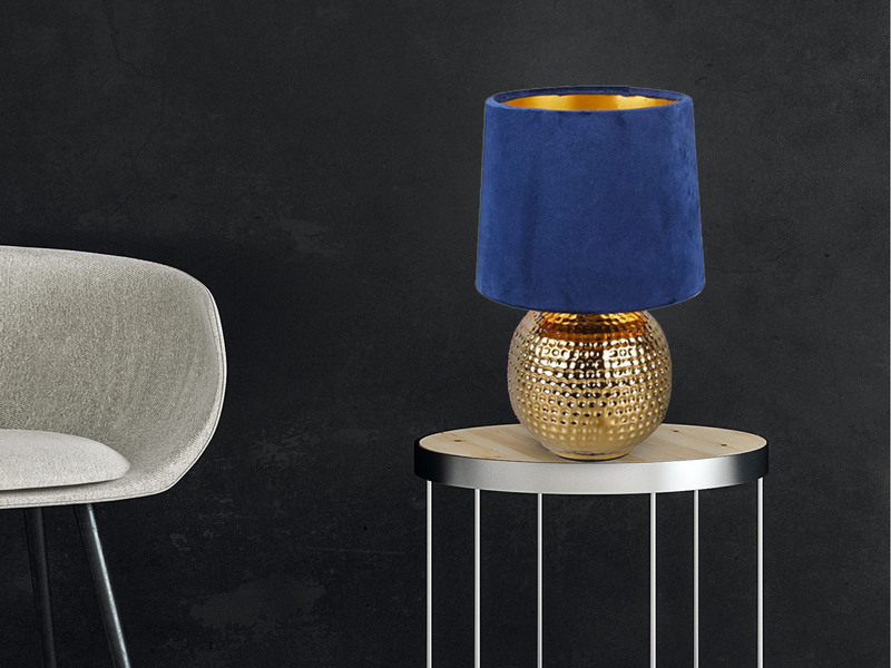 LED Tischleuchte mit Keramikfuß Gold & Samtschirm in Blau