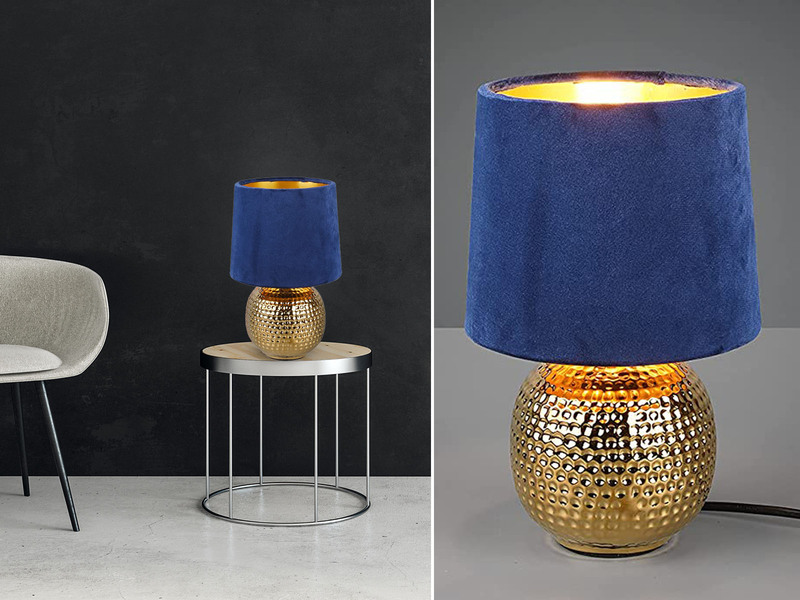 Tischleuchte in Keramikfuß Samtschirm & LED mit Gold Blau