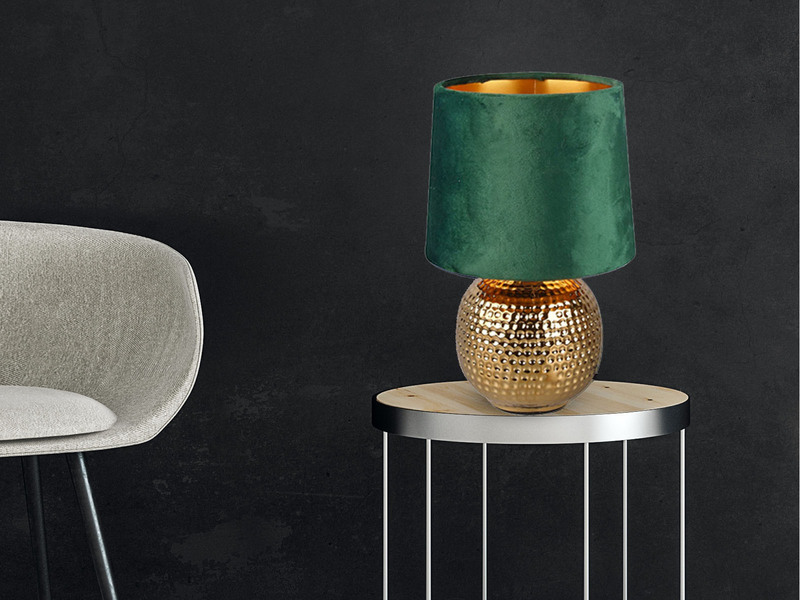 LED Tischleuchte mit Keramikfuß & Samtschirm Gold Grün in