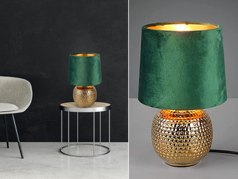 LED Tischleuchte mit Keramikfuß Samtschirm Grün & in Gold