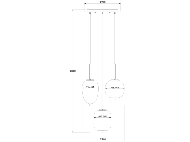 LED Pendelleuchte mit 3 Rauchglaskugeln, Baldachin Ø 46cm, schwarz