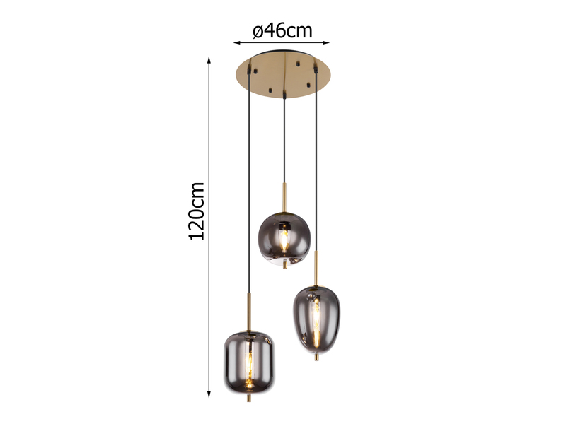 LED Pendelleuchte Metall Messing mit 3 Rauchglaskugeln, Ø 46cm