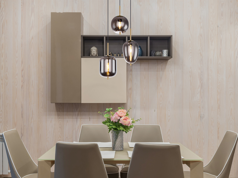 LED Pendelleuchte Metall Messing mit 3 Rauchglaskugeln, Ø 46cm