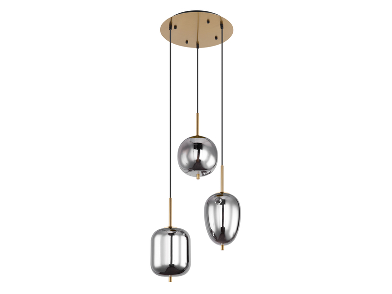 LED Pendelleuchte Metall Messing mit 3 Rauchglaskugeln, Ø 46cm