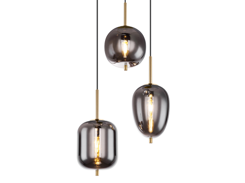 LED Pendelleuchte Metall Messing mit 3 Rauchglaskugeln, Ø 46cm