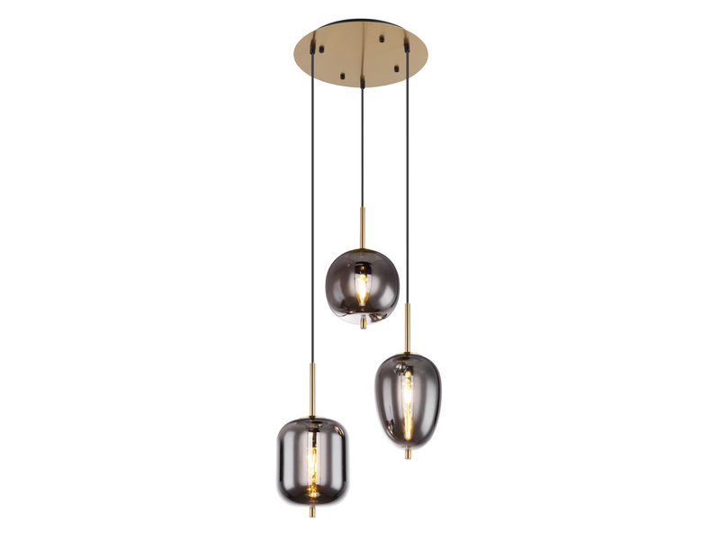 LED Pendelleuchte Metall Messing mit 3 Rauchglaskugeln, Ø 46cm