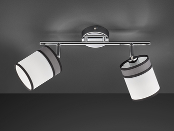 LED Deckenstrahler 2-flammig Silber Chrom, Stoffschirme Weiß / Grau, Breite 51cm