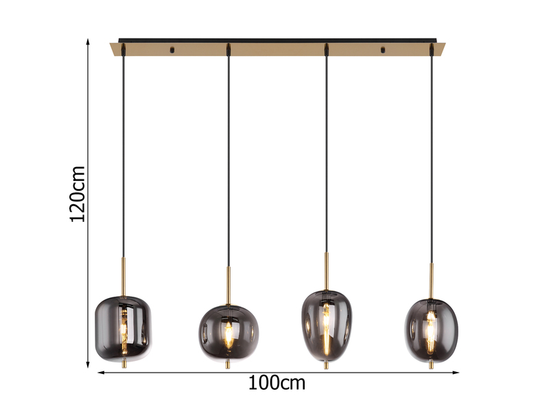 LED Balkenpendelleuchte mit 4 Rauchglaskugeln, Metall Messing