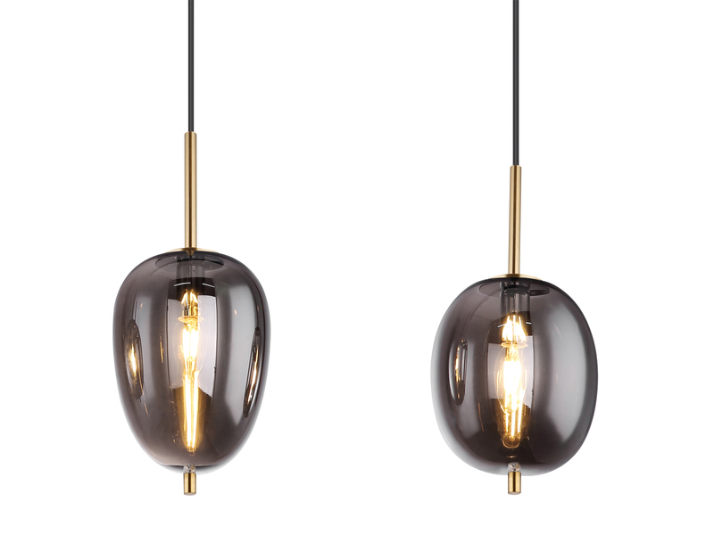 LED Pendelleuchte mit 4 Rauchglaskugeln Metall Messing, Breite 100cm