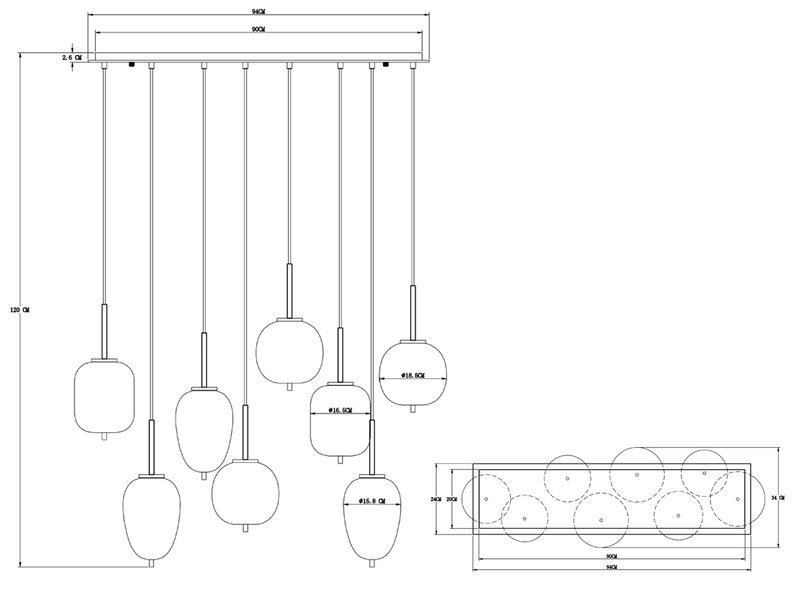 LED Pendelleuchte mit 8 Rauchglaskugeln Metall Schwarz, Breite 94cm