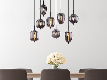 LED Pendelleuchte mit 8 Rauchglaskugeln, Metall Schwarz