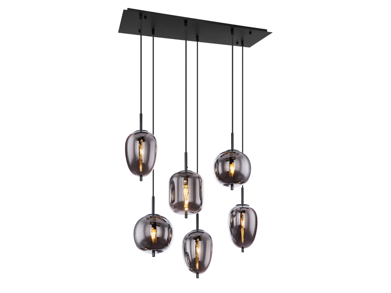 Pendelleuchte BLACKY Schwarz 6-flammig mit Rauchglas Glaskugeln, B: 80cm
