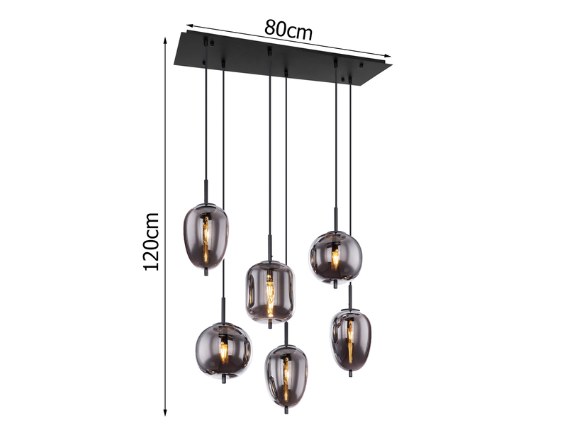 LED Pendelleuchte mit 6 Rauchglaskugeln Metall Schwarz, Breite 80cm