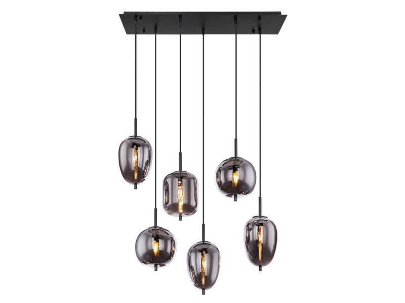 LED Pendelleuchte 6 Kugeln Rauchglas Metall Schwarz, Breite 80cm