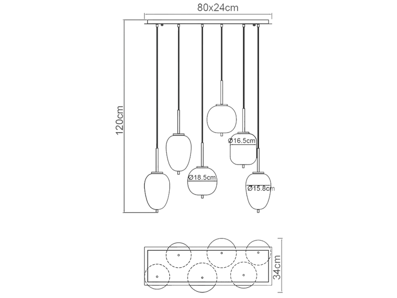 LED Balkenpendelleuchte mit 6 Rauchglaskugeln, Metall schwarz