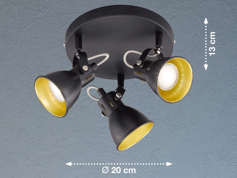 LED Deckenstrahler BOBBY 3-flammig rund Schwarz Gold, Ø 20cm
