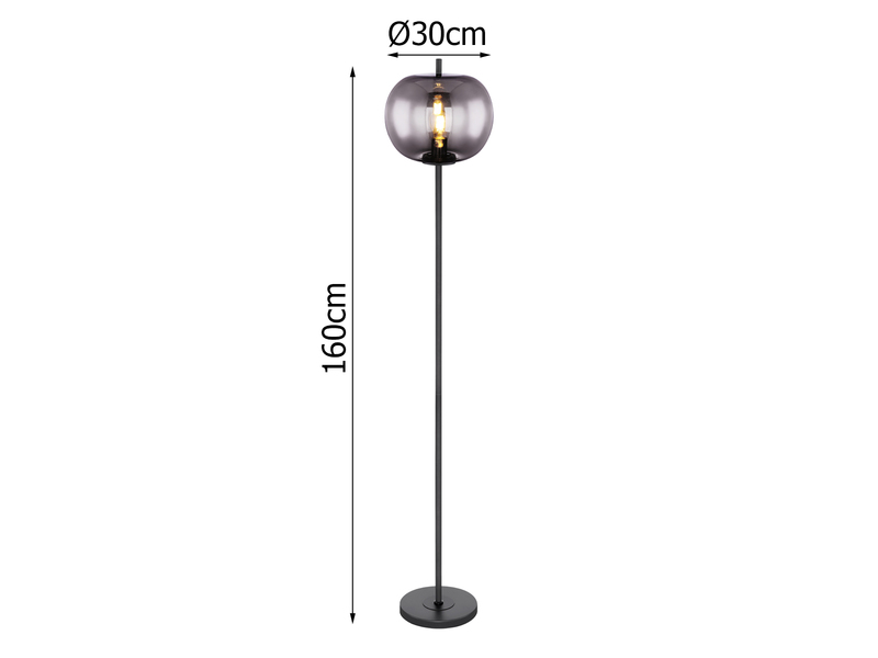 LED Stehlampe mit Rauchglas Lampenschirm Ø 30cm, Metall Schwarz