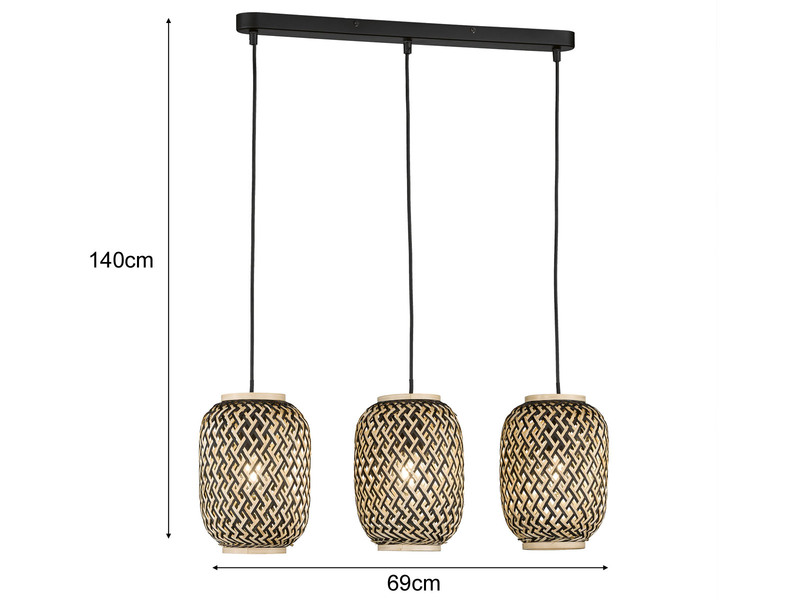 Design Pendelleuchte HUMMEL 3 flammig - Lampenschirme mit Bambus Korbgeflecht