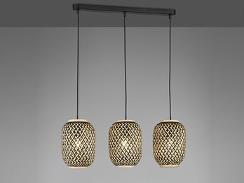 Design Pendelleuchte HUMMEL 3 flammig - Lampenschirme mit Bambus Korbgeflecht