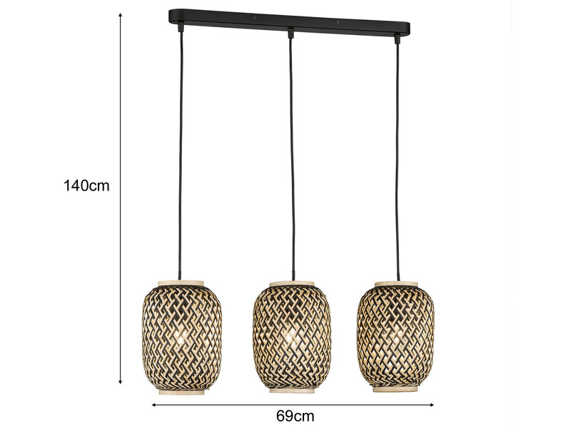LED Pendelleuchte 3-flammig Lampenschirme mit Bambus Korbgeflecht, B: 69cm