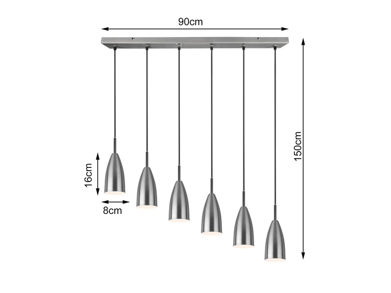 Pendelleuchte FARIN Silber 6 Flammig Metall Lampenschirme Ø8cm, 90cm breit