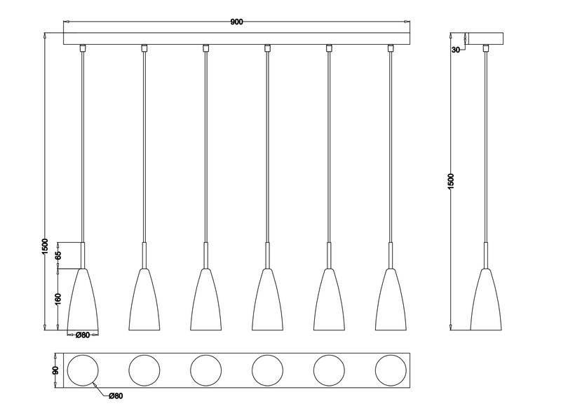 Pendelleuchte FARIN Silber 6 Flammig Metall Lampenschirme Ø8cm, 90cm breit