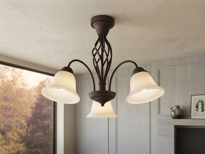 Große Deckenleuchte RUSTICA 3-flammig in Rostoptik mit Glasschirmen, Ø 55cm