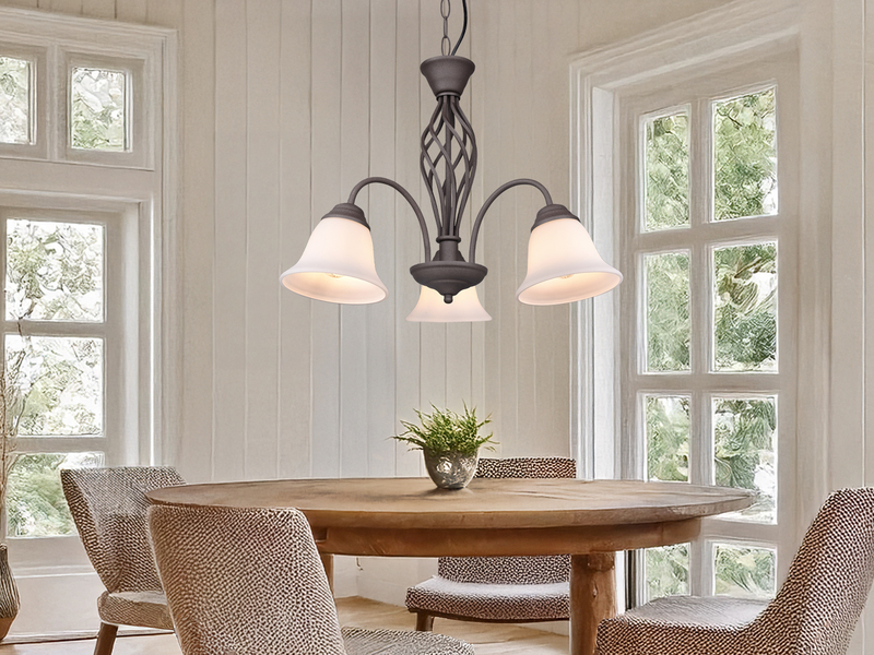 Pendelleuchte RUSTICA 3-flammig in Rostoptik mit Glasschirmen, Ø 55cm