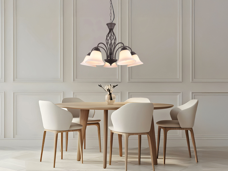 Pendelleuchte RUSTICA 5-flammig in Rostoptik mit Glasschirmen, Ø 60cm