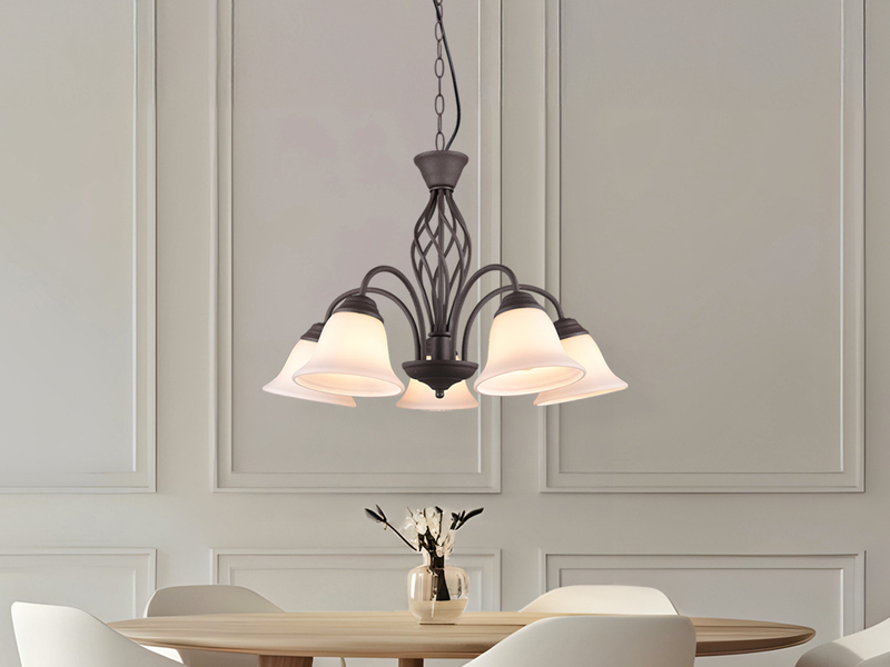 Pendelleuchte RUSTICA 5-flammig in Rostoptik mit Glasschirmen, Ø 60cm