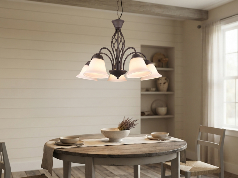 Pendelleuchte RUSTICA 5-flammig in Rostoptik mit Glasschirmen, Ø 60cm