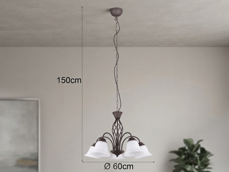 Pendelleuchte RUSTICA 5-flammig in Rostoptik mit Glasschirmen, Ø 60cm
