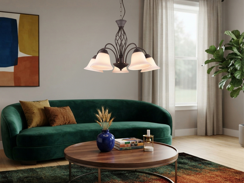 Pendelleuchte RUSTICA 5-flammig in Rostoptik mit Glasschirmen, Ø 60cm