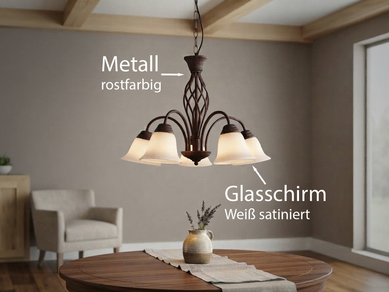 Pendelleuchte RUSTICA 5-flammig in Rostoptik mit Glasschirmen, Ø 60cm