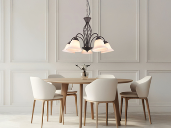 Pendelleuchte RUSTICA 5-flammig in Rostoptik mit Glasschirmen, Ø 60cm