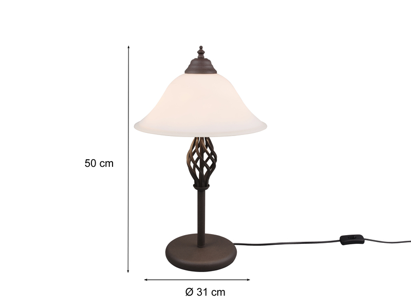 Tischleuchte RUSTICA im Landhausstil Rostoptik mit Glasschirm, Höhe 50cm