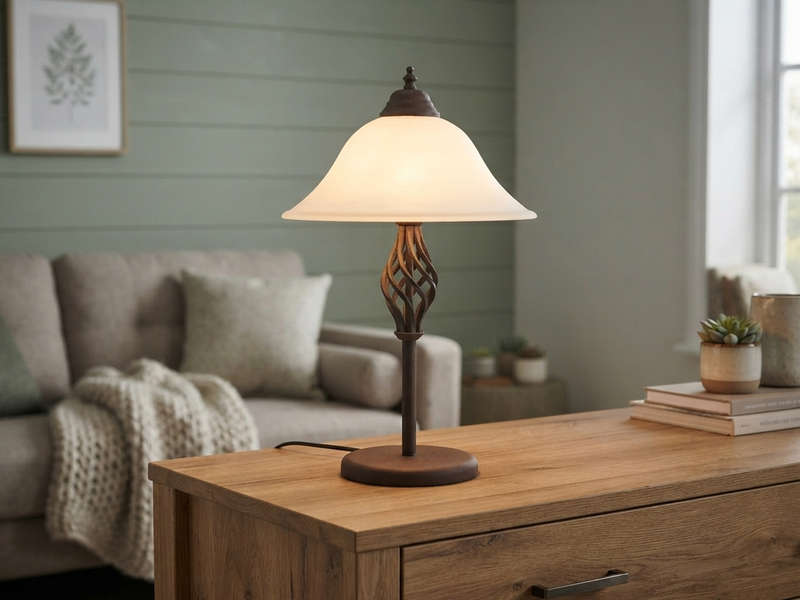 Große Tischlampe RUSTICA Landhausstil Rostoptik mit Glasschirm, Höhe 50cm