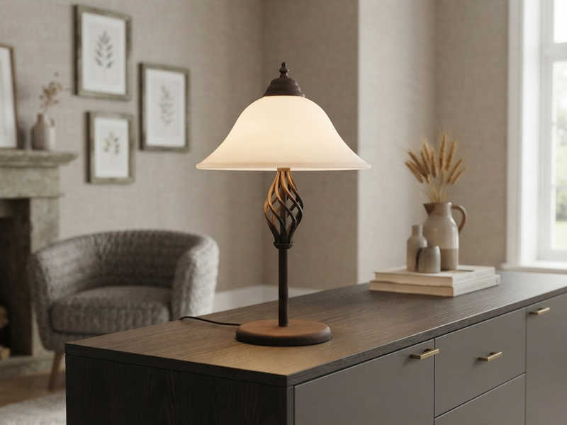 Große Tischlampe RUSTICA Landhausstil Rostoptik mit Glasschirm, Höhe 50cm