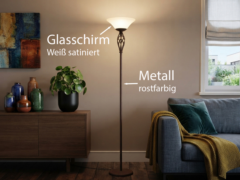 Deckenfluter RUSTICA Landhausstil Rostoptik mit E27 Glasschirm, Höhe 180cm