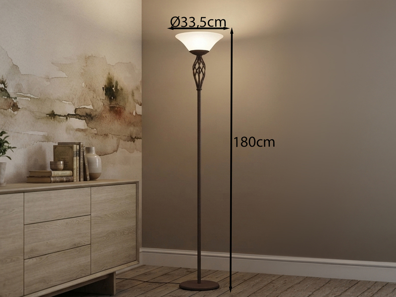 Deckenfluter RUSTICA Landhausstil Rostoptik mit E27 Glasschirm, Höhe 180cm