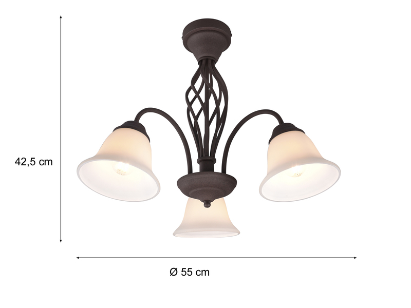 Deckenleuchte 3-flammig Rostoptik mit Glasschirmen Weiß & E14 LEDs Ø 55cm