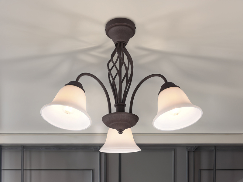 3-flammige LED Deckenleuchte Rostoptik mit Glasschirmen, Ø 55cm